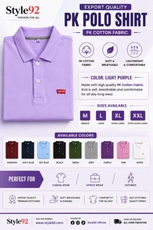 Style92 Premium Export Quality PK Polo Shirt for Men – Light Purple | Soft & Breathable Cotton Fabric