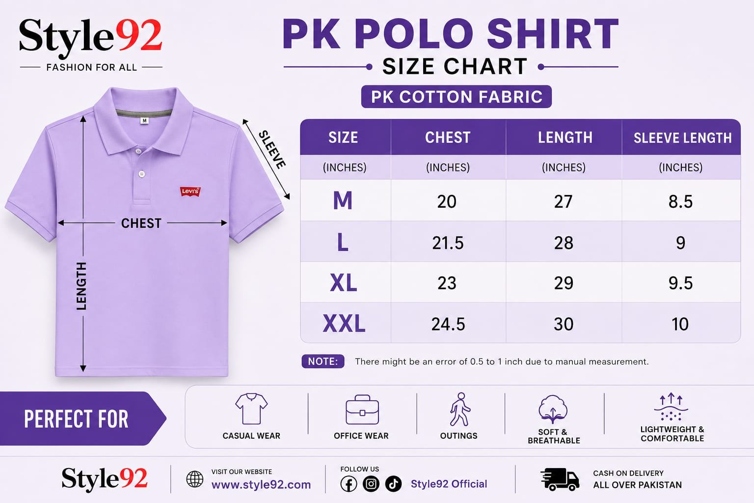 Style92 Premium Export Quality PK Polo Shirt for Men – Light Purple | Soft & Breathable Cotton Fabric